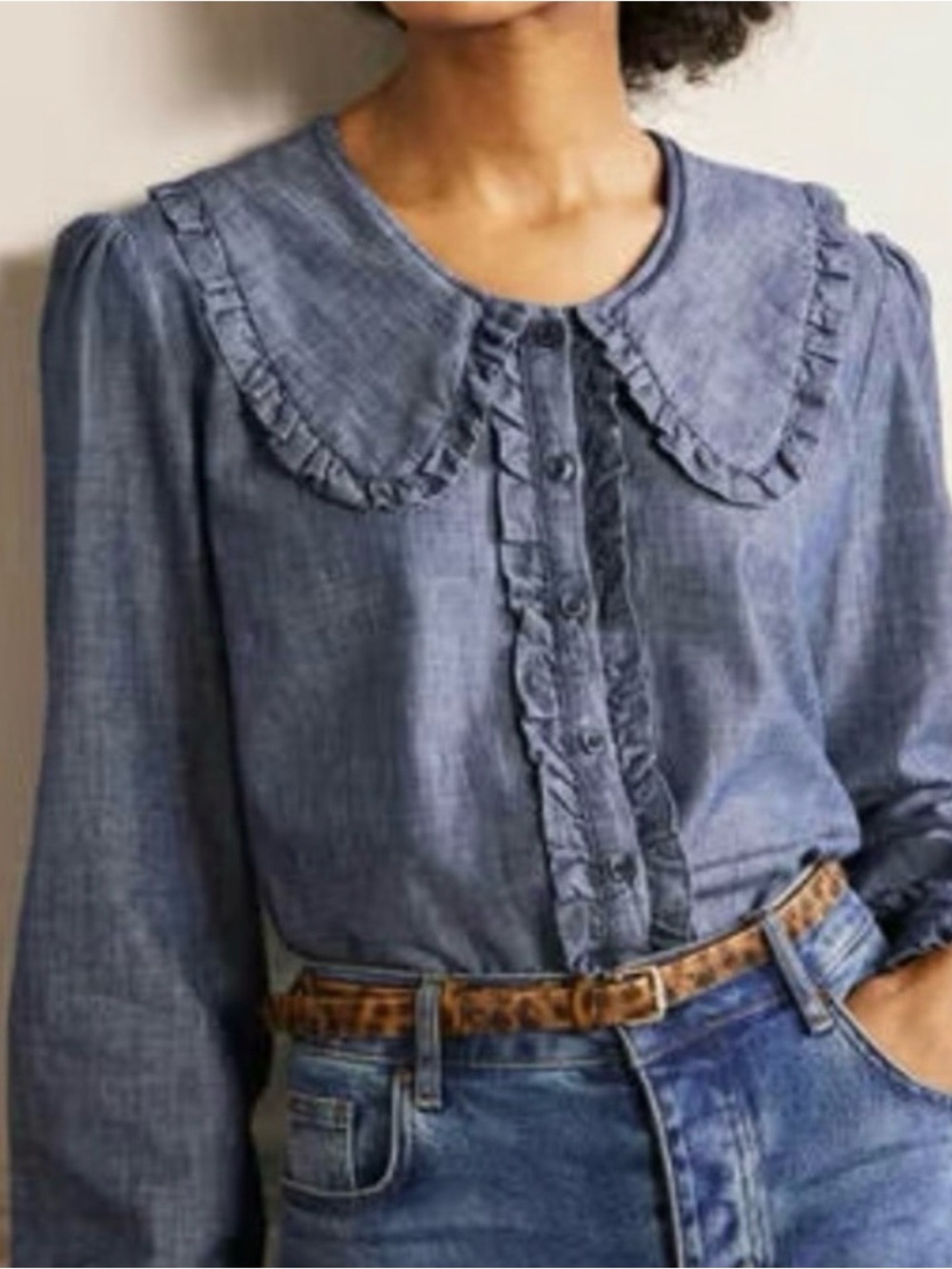 Boden Chambray Ruffle-Collar Button-Down Top in Blue Statement Collar